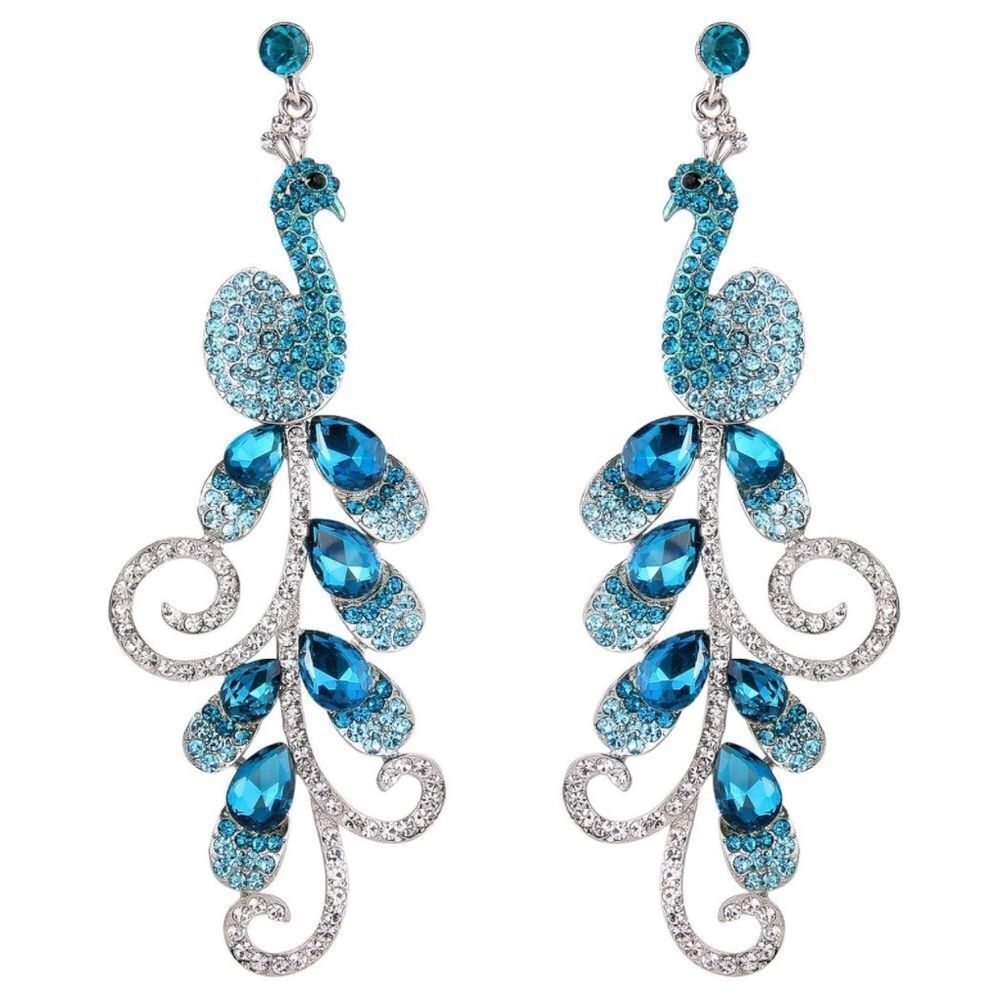 Silver with Aquamarine Blue and Diamond Austrian Crystal Peacock Post Earrings